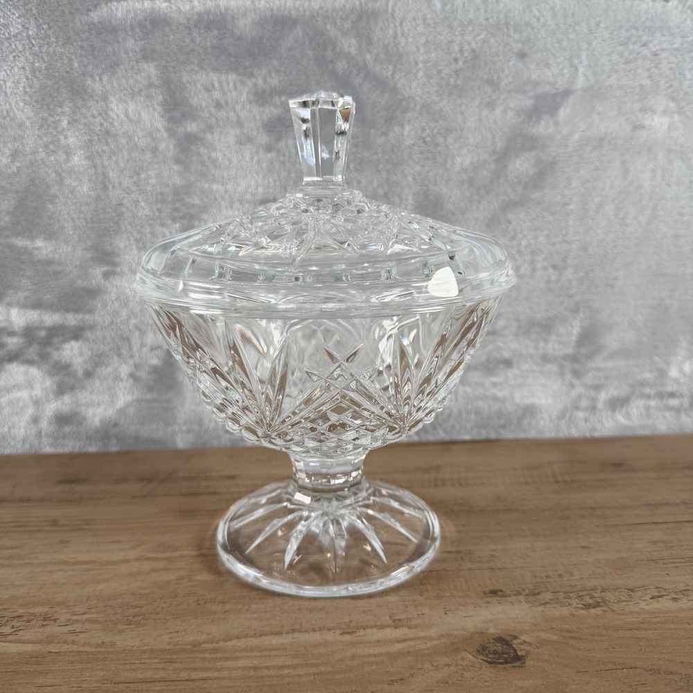 Vintage Cut Crystal Footed Candy Dish with Lid Starburst Pattern Clear Glass